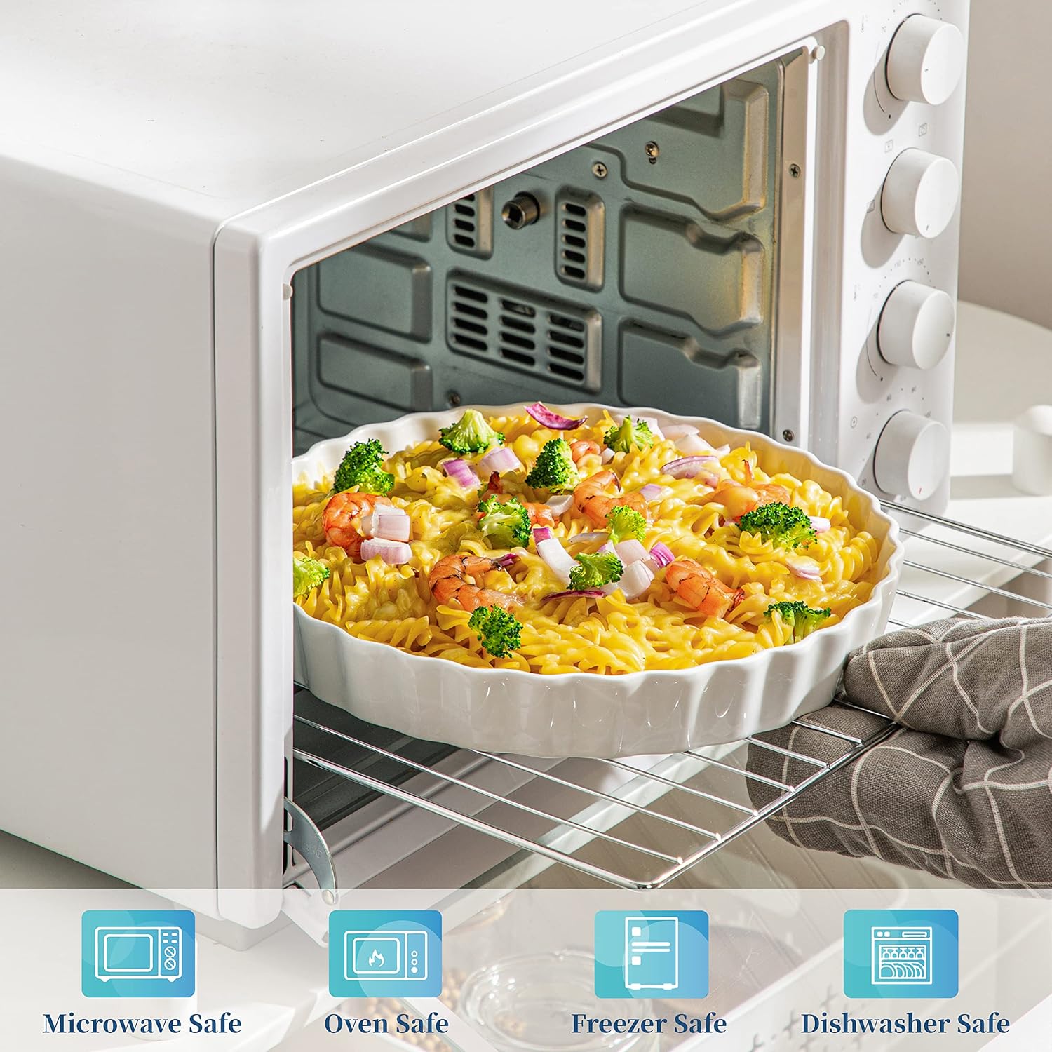 10 Inch Non-Stick Porcelain Pie Pan Quiche Baking Dish Set of 2 - White Ruffled Edge Tart Pan for Apple, Quiche, Pot Pies