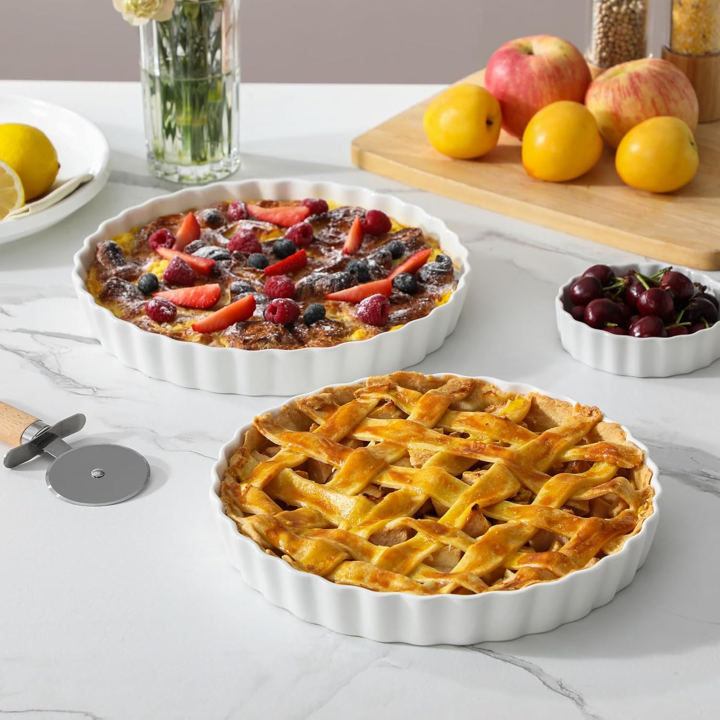 10 Inch Non-Stick Porcelain Pie Pan Quiche Baking Dish Set of 2 - White Ruffled Edge Tart Pan for Apple, Quiche, Pot Pies