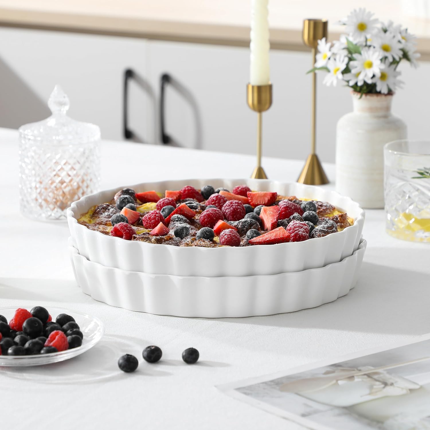 10 Inch Non-Stick Porcelain Pie Pan Quiche Baking Dish Set of 2 - White Ruffled Edge Tart Pan for Apple, Quiche, Pot Pies