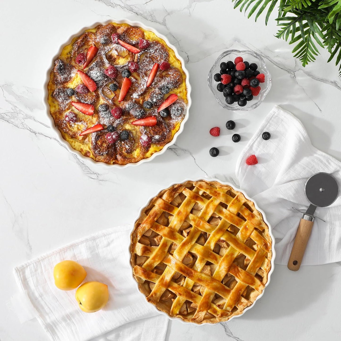 10 Inch Non-Stick Porcelain Pie Pan Quiche Baking Dish Set of 2 - White Ruffled Edge Tart Pan for Apple, Quiche, Pot Pies