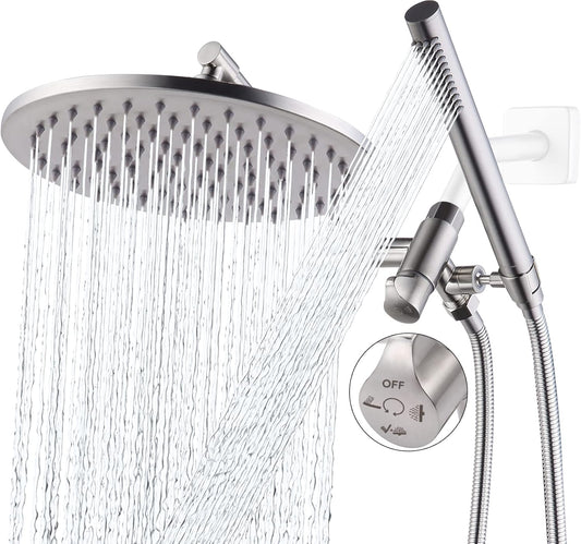 10 Inch Rain Shower Head Combo with Handheld Spray - Solid Brass Diverter, Extension Arm, Long Hose - Brushed Nickel
