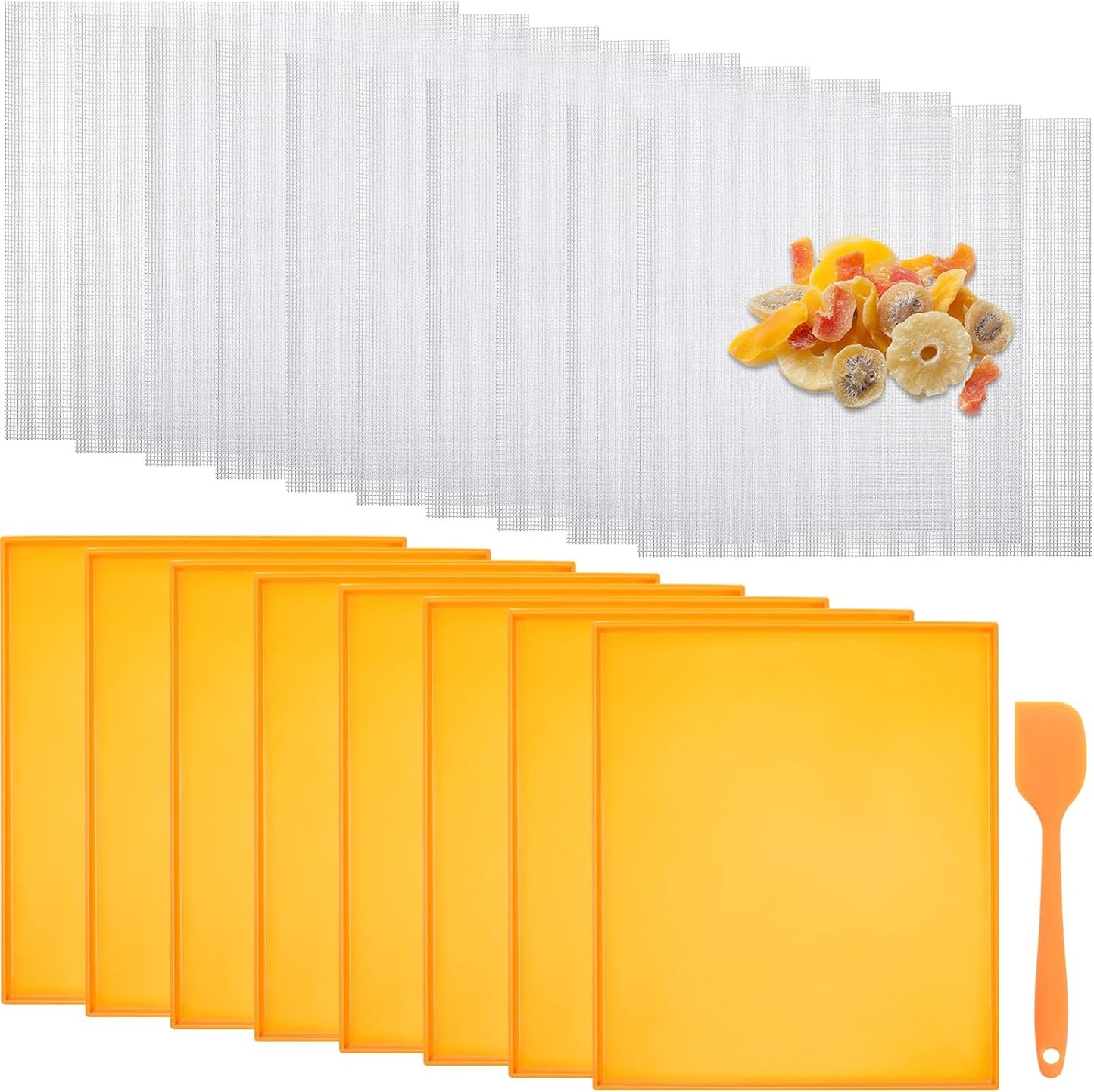 10 Mesh Dehydrator Mats & 8 Silicone Dehydrator Sheets with Edge - Non Stick Fruit Leather Trays & Accessories