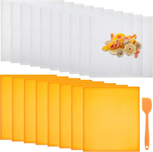 10 Mesh Dehydrator Mats & 8 Silicone Dehydrator Sheets with Edge - Non Stick Fruit Leather Trays & Accessories
