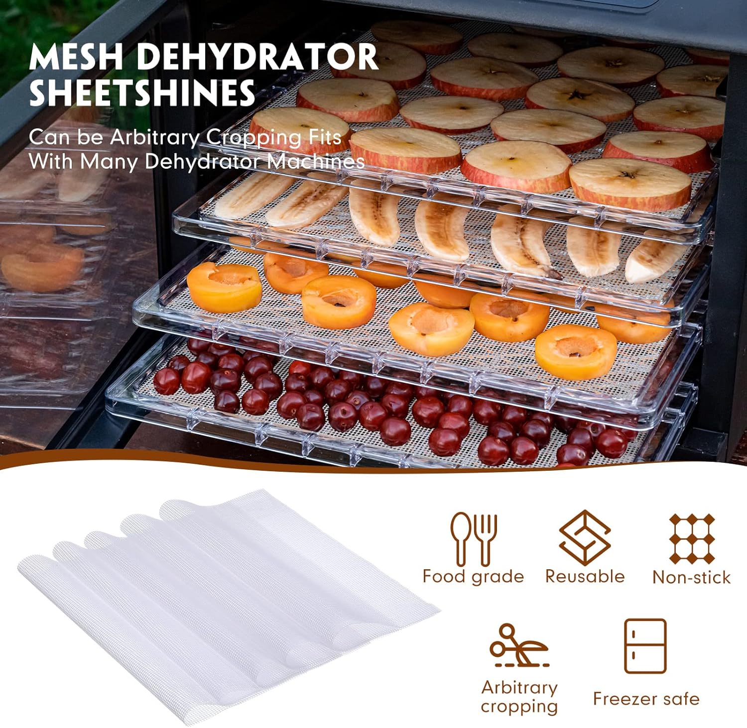 10 Mesh Dehydrator Mats & 8 Silicone Dehydrator Sheets with Edge - Non Stick Fruit Leather Trays & Accessories