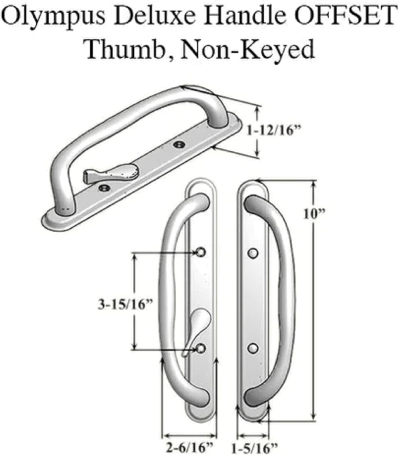 10" Olympus Sliding Patio Glass Door Offset White Pull Handle Set - Non-Keyed Handle Replacement for 3 ¹⁵/₁₆" Hole Spacing, 1-1/4" to 2-1/4" Door Thickness - Easy Fix and Repair for Door Hardware