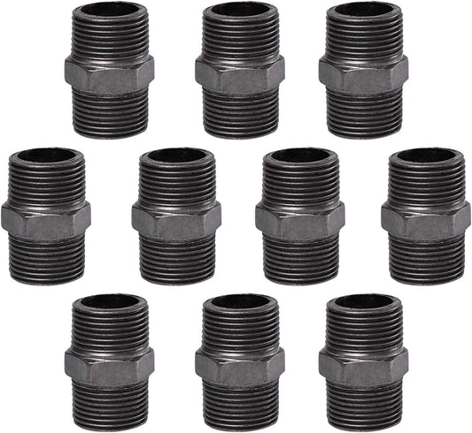 10 Pack 1/2" Male Coupling Hex Steel Threaded Pipe Nipple Connector for DIY Plumbing Pipe Decor Furniture - 1" Size