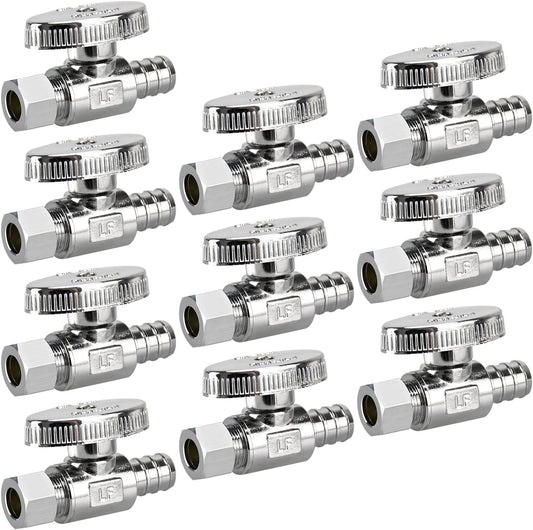 10 Pack 1/4 Turn Straight Stop Valves, 3/8" OD Compression for Faucet, Toilet - Chrome Plated Brass