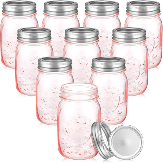 10 Pack 16 oz Vintage Pink Mason Jars with Lids for Preserving - Regular Mouth Pint Ball Cans for Honey, Jelly, Sauces, Spices - DIY Canning Jars - Pink/Silver