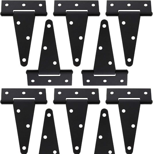 10 Pack 4 Inch T-Strap Shed Heavy Duty Gate Hinge Set - Black Wrought Iron Hardware for Doors, Barns, and Fences