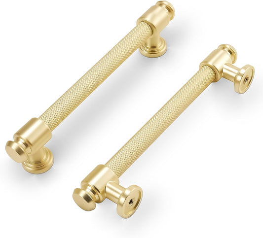 10 Pack 5 inch Brushed Brass Knurled Cabinet Handles - Gold Kitchen Cabinet Hardware