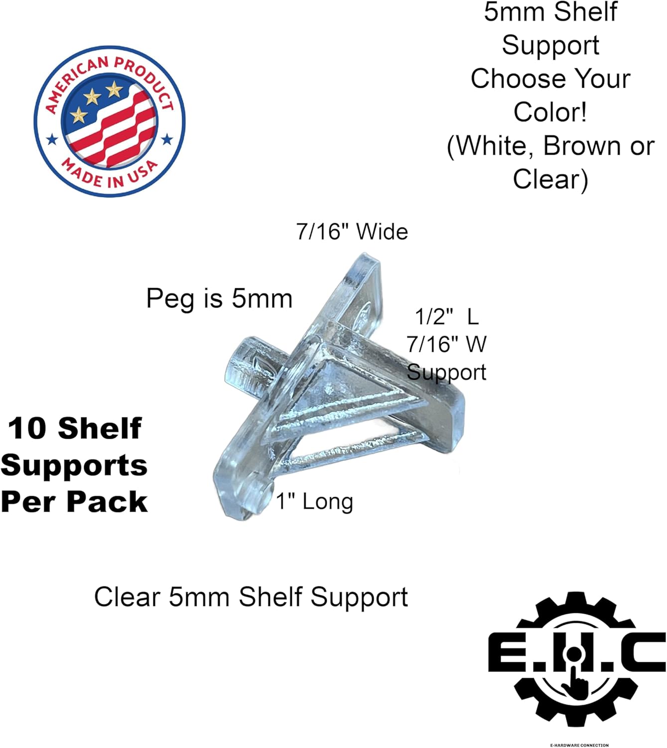 10 Pack 5mm Shelf Support Clips in White, Brown, or Clear for Kitchen/Cabinet/Furniture - E.H.C. Clear Plastic Shelf Clips