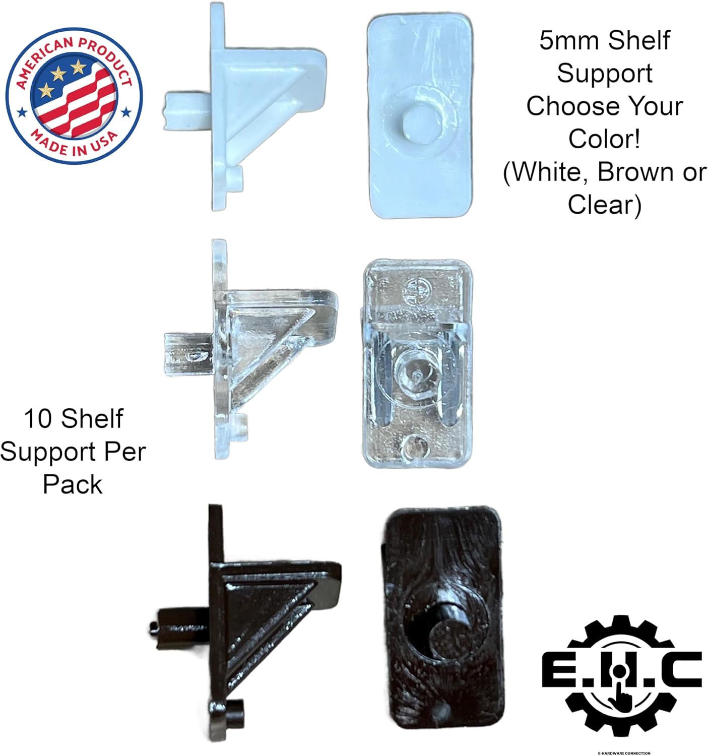 10 Pack 5mm Shelf Support Clips in White, Brown, or Clear for Kitchen/Cabinet/Furniture - E.H.C. Clear Plastic Shelf Clips