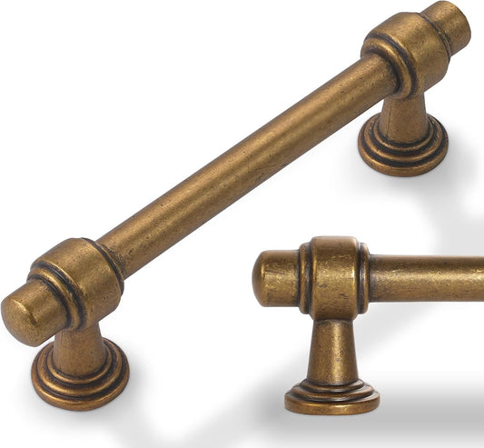 10 Pack Antique Brass Cabinet Pulls - 3-3/4 Inch Hole Centers Kitchen Handles - Vintage Drawer Pulls - Aged Gold Bronze Hardware