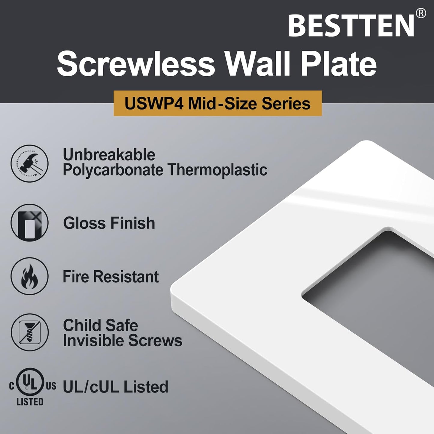 10 Pack Bestten 1 Gang Mid-Size Screwless Wall Plate, Glossy Off White, Outlet Cover Switch Plate, H4.88" x W3.11", UL Listed