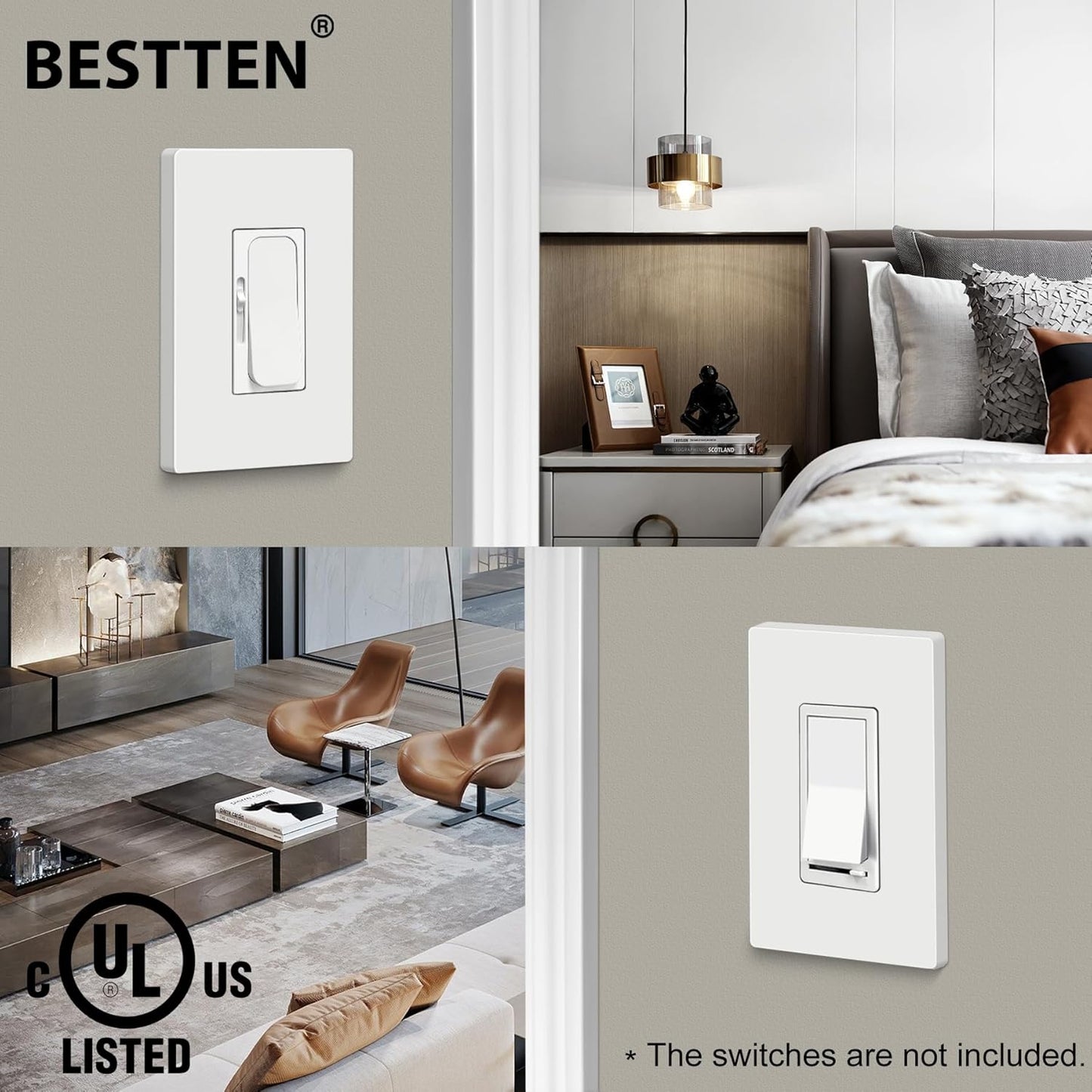 10 Pack Bestten 1 Gang Mid-Size Screwless Wall Plate, Glossy Off White, Outlet Cover Switch Plate, H4.88" x W3.11", UL Listed