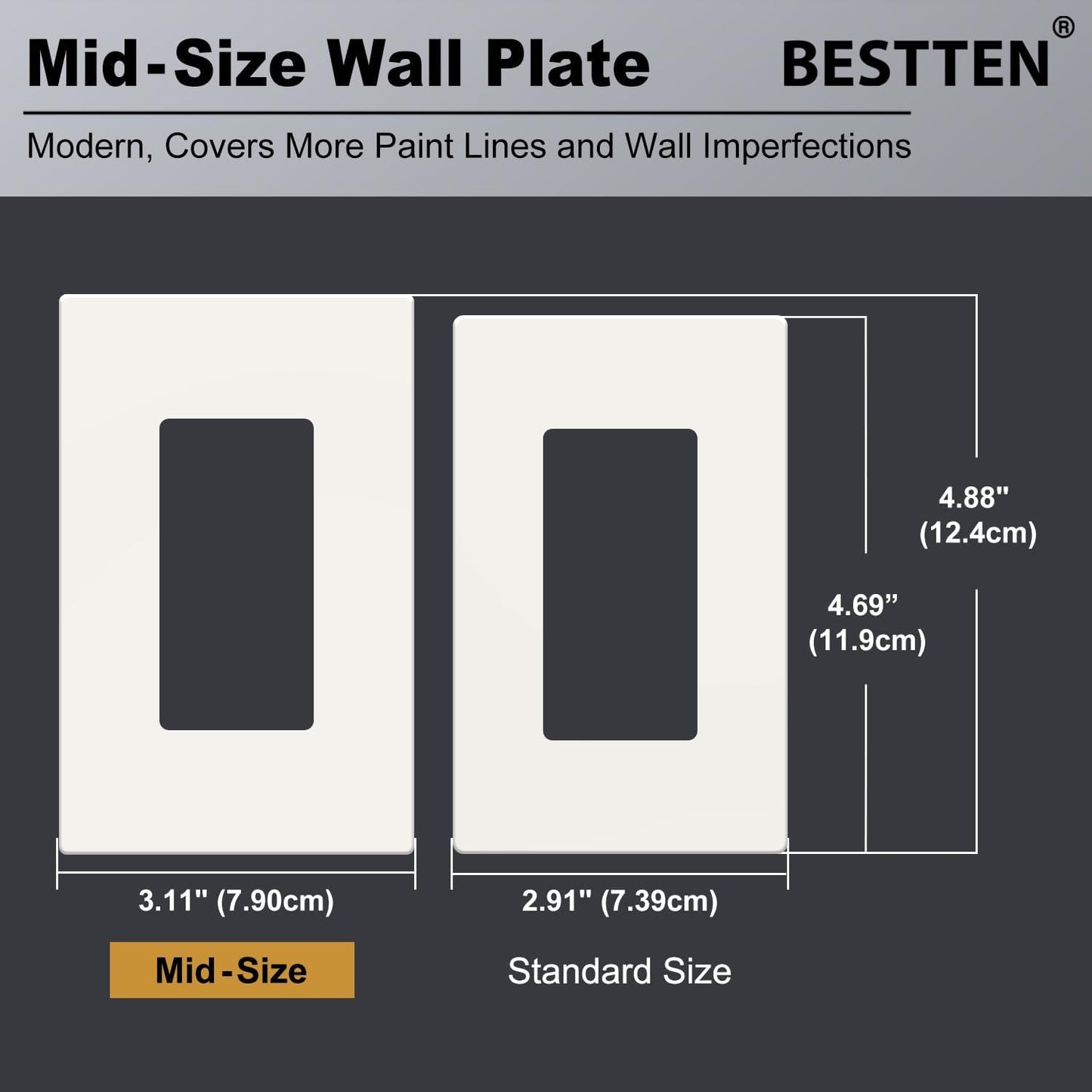 10 Pack Bestten 1 Gang Mid-Size Screwless Wall Plate, Glossy Off White, Outlet Cover Switch Plate, H4.88" x W3.11", UL Listed