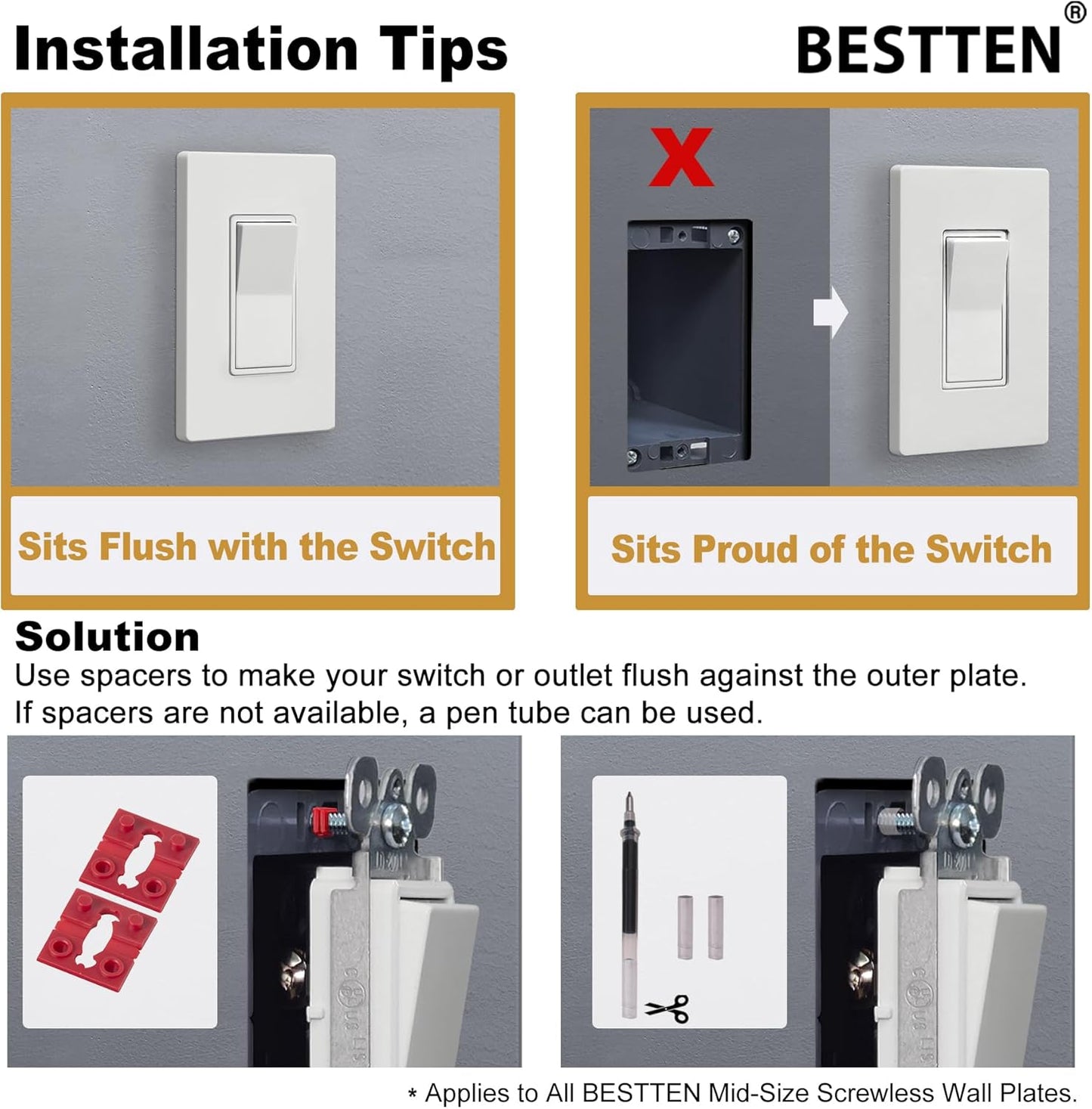 10 Pack Bestten 1 Gang Mid-Size Screwless Wall Plate, Glossy Off White, Outlet Cover Switch Plate, H4.88" x W3.11", UL Listed