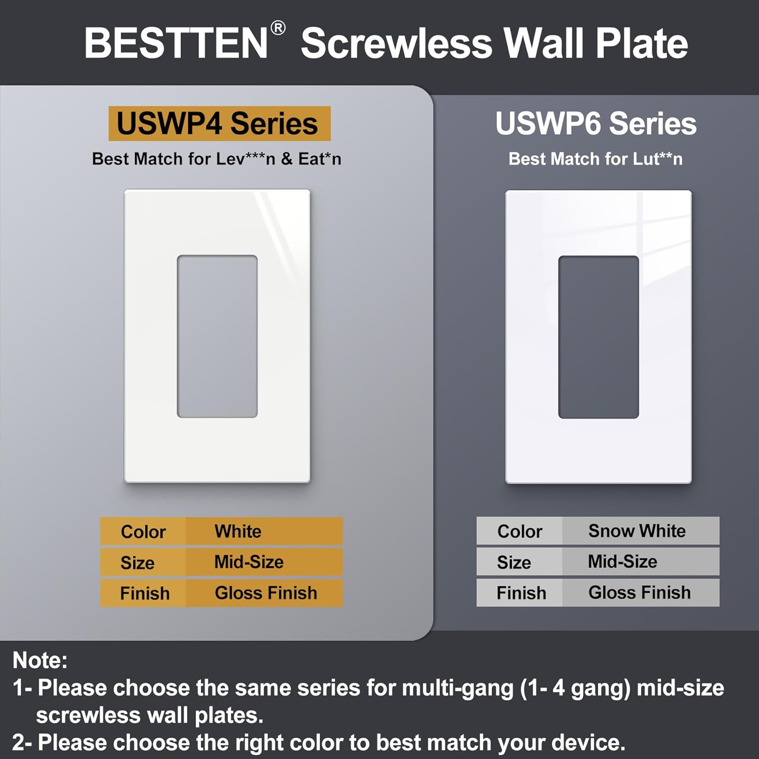 10 Pack Bestten 1 Gang Mid-Size Screwless Wall Plate, Glossy Off White, Outlet Cover Switch Plate, H4.88" x W3.11", UL Listed