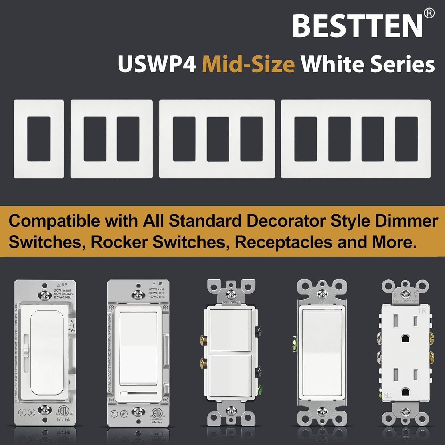 10 Pack Bestten 1 Gang Mid-Size Screwless Wall Plate, Glossy Off White, Outlet Cover Switch Plate, H4.88" x W3.11", UL Listed