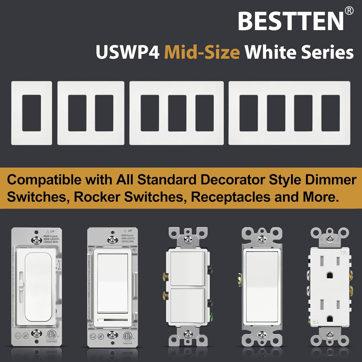 10 Pack Bestten 1 Gang Mid-Size Screwless Wall Plate, Glossy Off White, Outlet Cover Switch Plate, H4.88" x W3.11", UL Listed