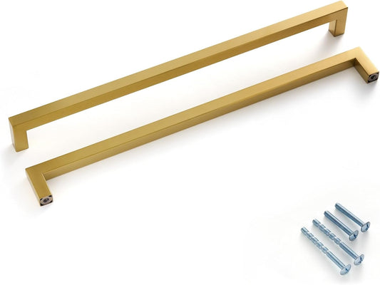 10 Pack Brushed Brass Cabinet Pulls - 12.6" Gold Square Kitchen Handles Stainless Steel Hardware for Cabinets