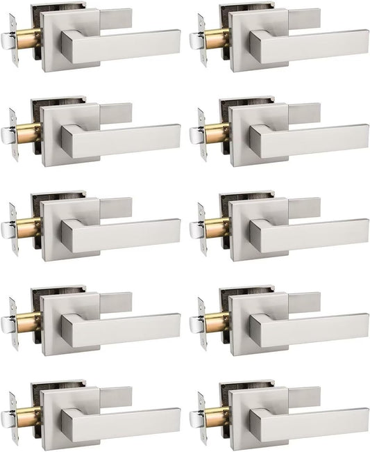 10 Pack Brushed Nickel Passage Door Levers - Heavy Duty Interior Handle Sets for Closet and Hallway