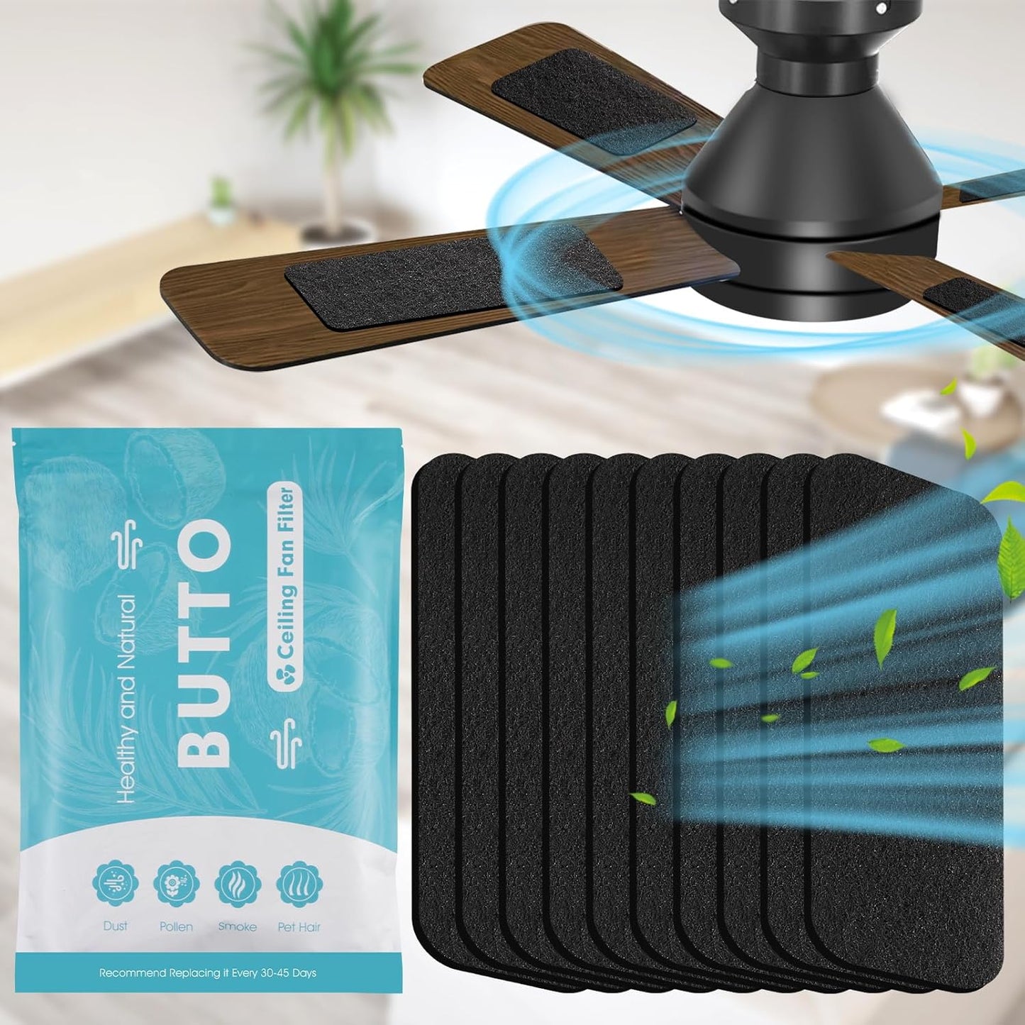10-Pack Butto Ceiling Fan Filters for Blades - Strong Adhesive Filters for Common Household Contaminants - Unscented Coconut Carbon Air Purifier Pads