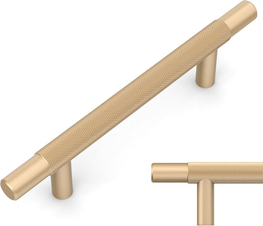 10 Pack Champagne Gold Knurled Cabinet Pulls - 3-3/4 Inch Hole Centers - Kitchen Cabinet Handles Hardware - Amerdeco Kitchen Cabinet Handles IH0006