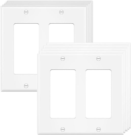 10-Pack COAPIN258 White 2-Gang Switch Outlet Wall Plate Cover for Light Switch, Smart Switch, Receptacle, Dimmers, USB Outlet, GFCI - Double Decora Electrical Faceplate