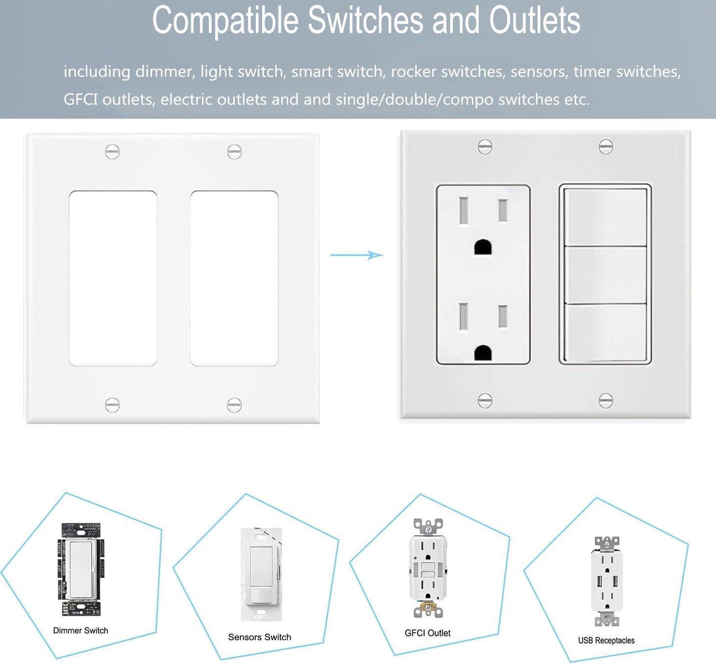 10-Pack COAPIN258 White 2-Gang Switch Outlet Wall Plate Cover for Light Switch, Smart Switch, Receptacle, Dimmers, USB Outlet, GFCI - Double Decora Electrical Faceplate