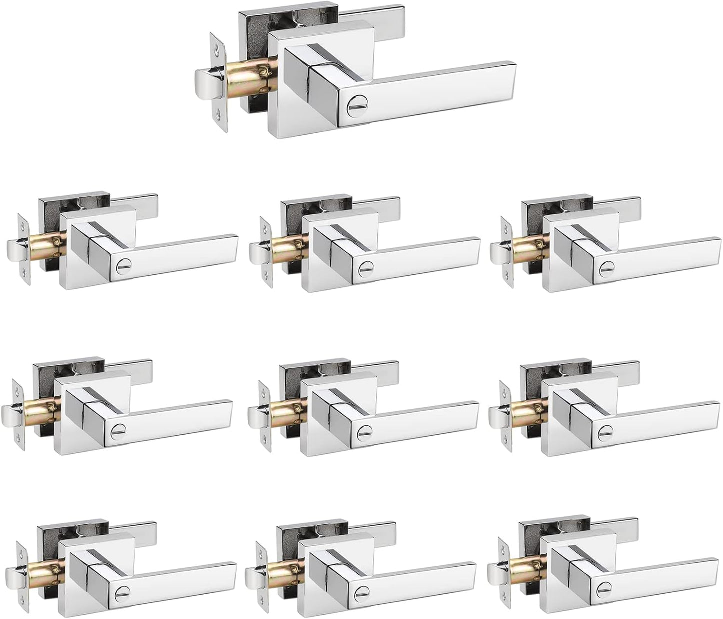10 Pack Decoriten Polished Chrome Privacy Door Levers with Square Rosette - Keyless Heavy Duty Interior Bathroom Bedroom Door Locks