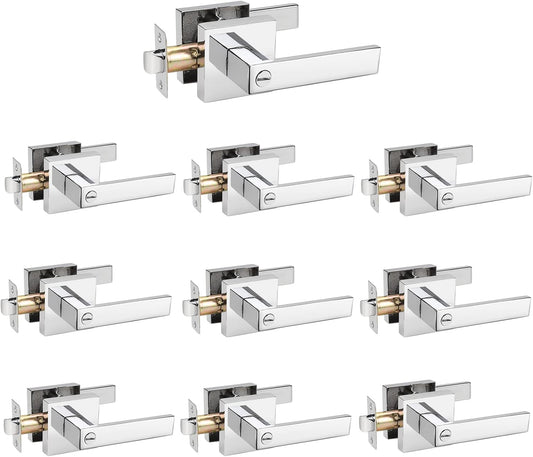 10 Pack Decoriten Polished Chrome Privacy Door Levers with Square Rosette - Keyless Heavy Duty Interior Bathroom Bedroom Door Locks
