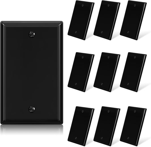 10 Pack ELEGRP 1-Gang Blank Wall Plates, Standard Size 4.5" x 2.75", Unbreakable Thermoplastic Faceplate Covers for Unused Outlets/Switches - Glossy Black, UL Listed