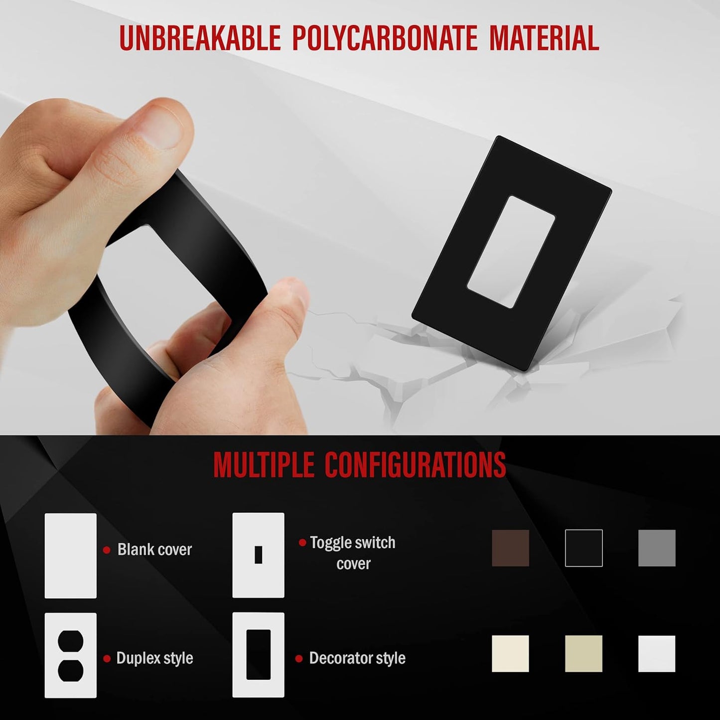 10 Pack ENERLITES Screwless Decorator Wall Plate Outlet Cover, Child Safe, Glossy Black, 1-Gang 4.68" H x 2.93" L, Unbreakable Polycarbonate Thermoplastic