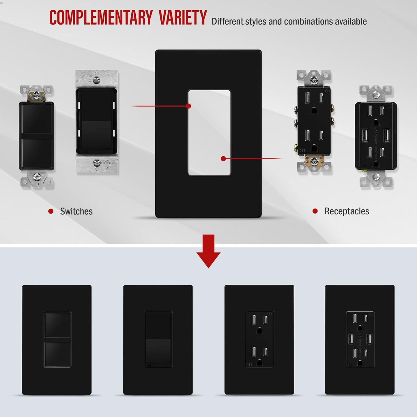 10 Pack ENERLITES Screwless Decorator Wall Plate Outlet Cover, Child Safe, Glossy Black, 1-Gang 4.68" H x 2.93" L, Unbreakable Polycarbonate Thermoplastic