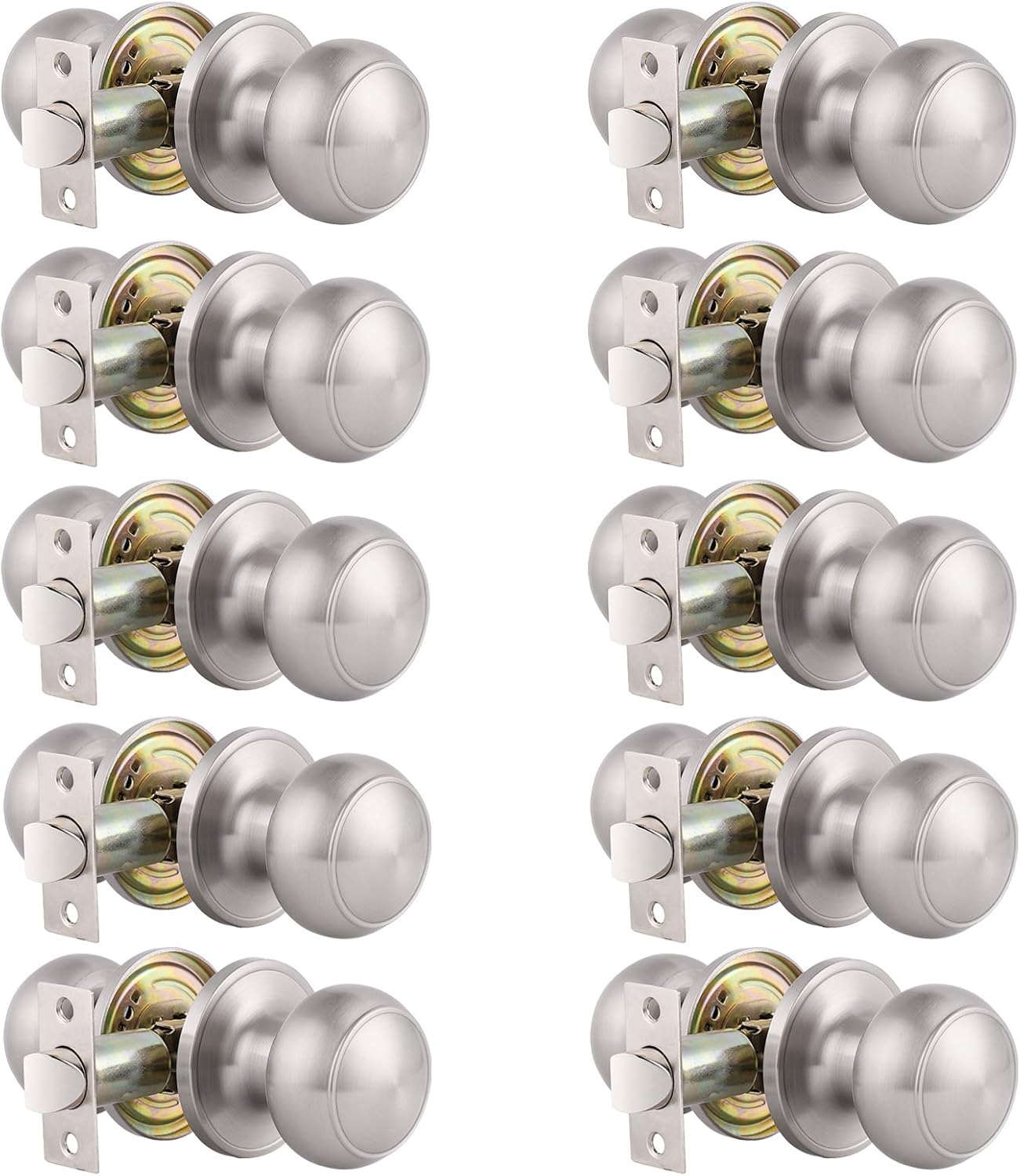 10 Pack Gobrico Brushed Nickel Keyless Passage Door Knob Locks - Stainless Steel Interior Round Knobs for Closet and Hallway