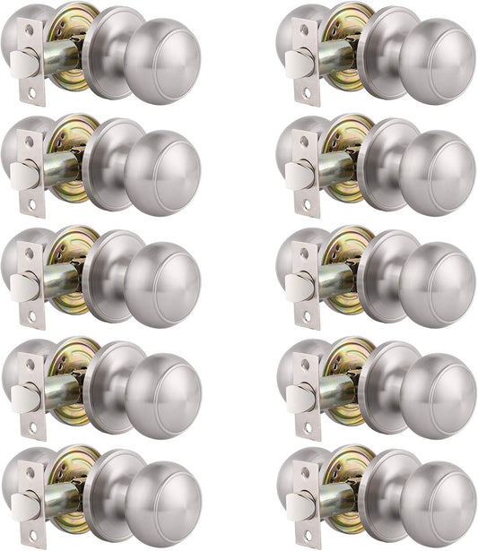 10 Pack Gobrico Brushed Nickel Keyless Passage Door Knob Locks - Stainless Steel Interior Round Knobs for Closet and Hallway
