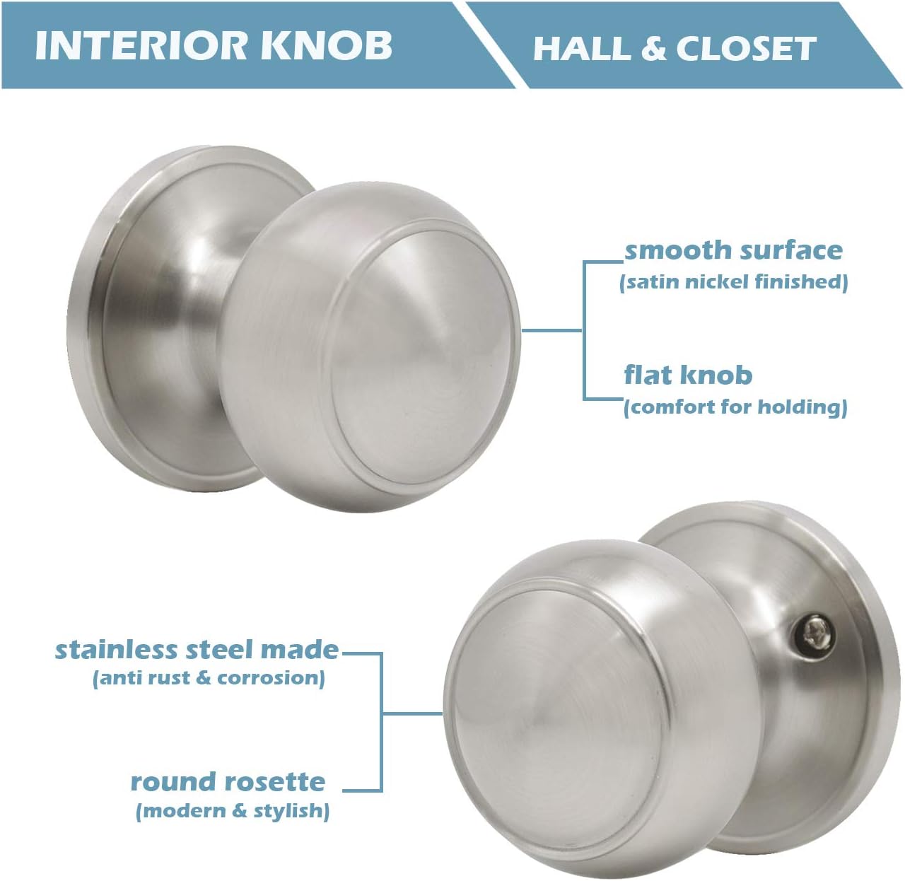 10 Pack Gobrico Brushed Nickel Keyless Passage Door Knob Locks - Stainless Steel Interior Round Knobs for Closet and Hallway
