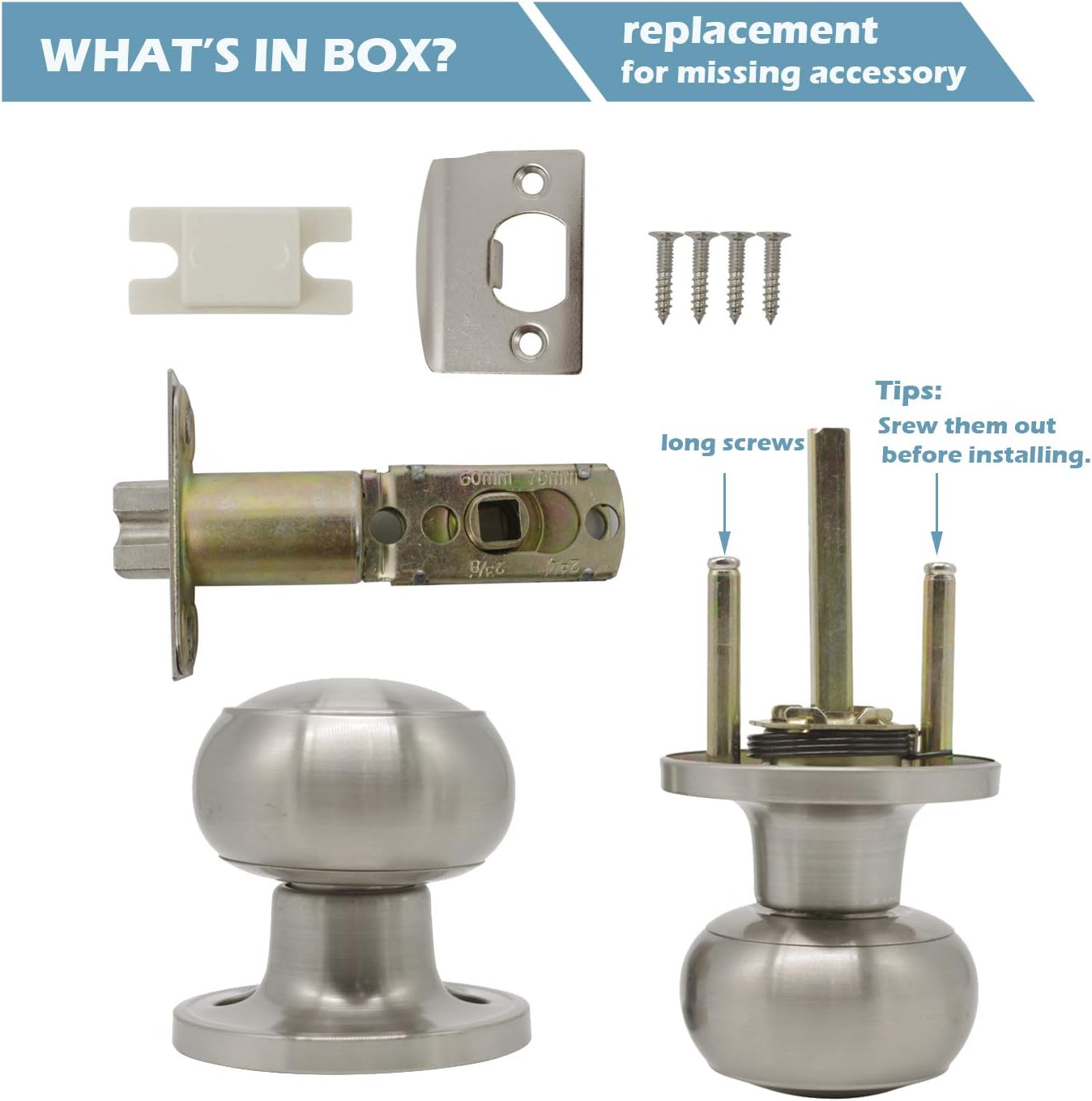 10 Pack Gobrico Brushed Nickel Keyless Passage Door Knob Locks - Stainless Steel Interior Round Knobs for Closet and Hallway