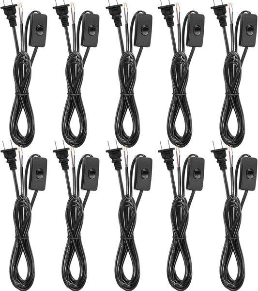 10-Pack Lamp Cord Set with Plug and Switch - 6ft Prong Power Cord, Pure Copper Ends - Ready for Wiring, 110-220V, 50W - Black