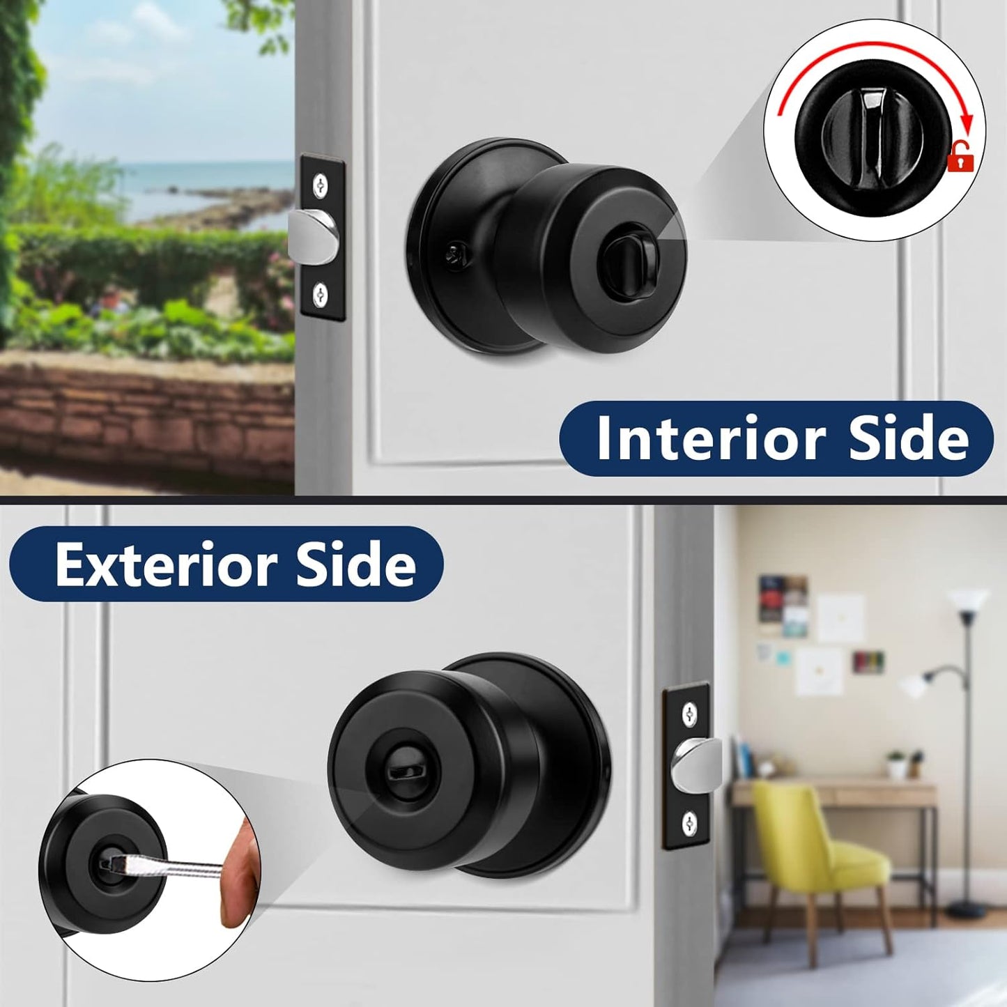 10 Pack Matte Black Door Knobs Privacy Interior Lock Set for Bedroom and Bathroom - Keyless Doorknob Handle with Hardware and Instructions - WildKart