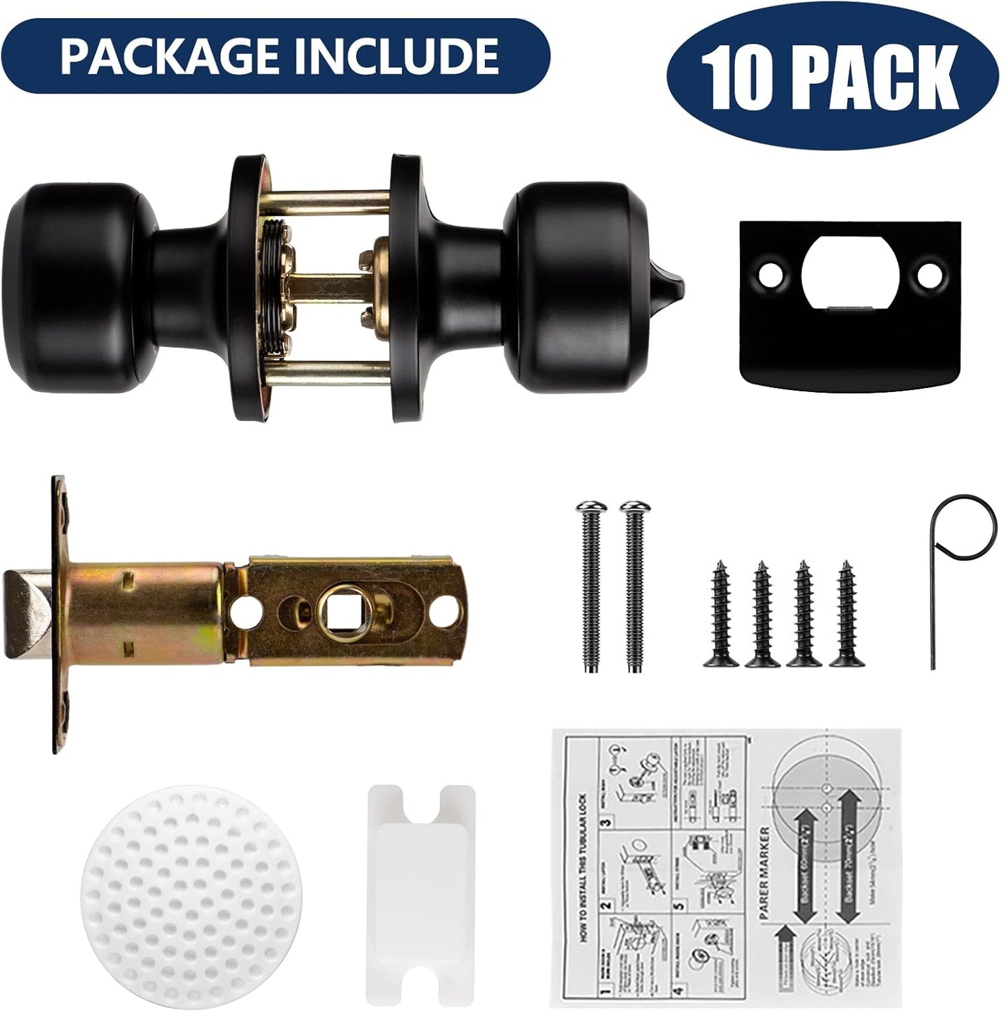 10 Pack Matte Black Door Knobs Privacy Interior Lock Set for Bedroom and Bathroom - Keyless Doorknob Handle with Hardware and Instructions - WildKart