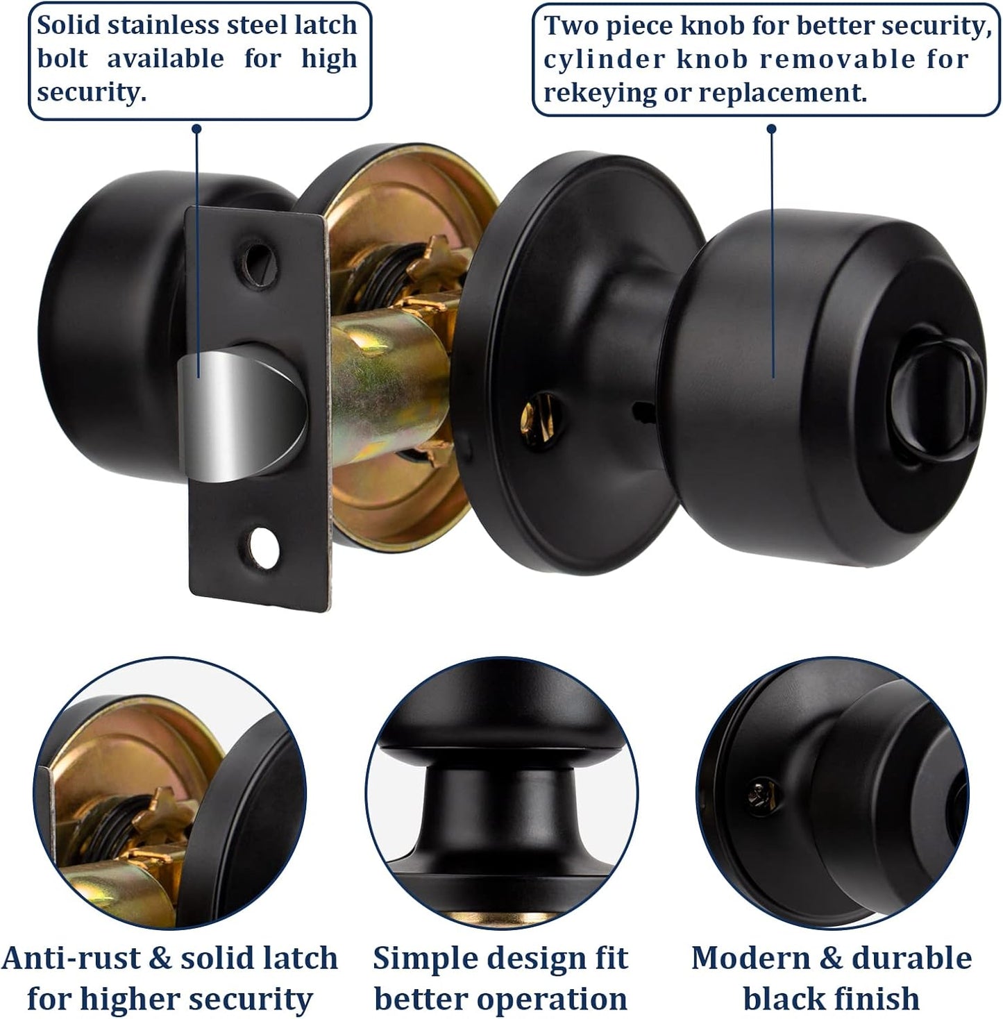 10 Pack Matte Black Door Knobs Privacy Interior Lock Set for Bedroom and Bathroom - Keyless Doorknob Handle with Hardware and Instructions - WildKart