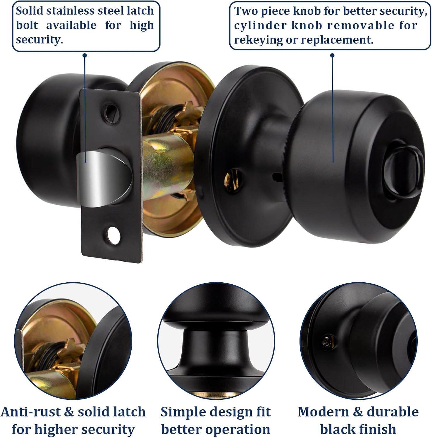 10 Pack Matte Black Door Knobs Privacy Interior Lock Set for Bedroom and Bathroom - Keyless Doorknob Handle with Hardware and Instructions - WildKart