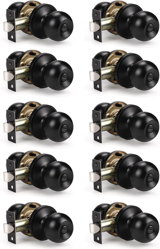 10 Pack Matte Black Privacy Door Knobs for Bed and Bath, Interior Locking Door Knob Set by KNOBWELL