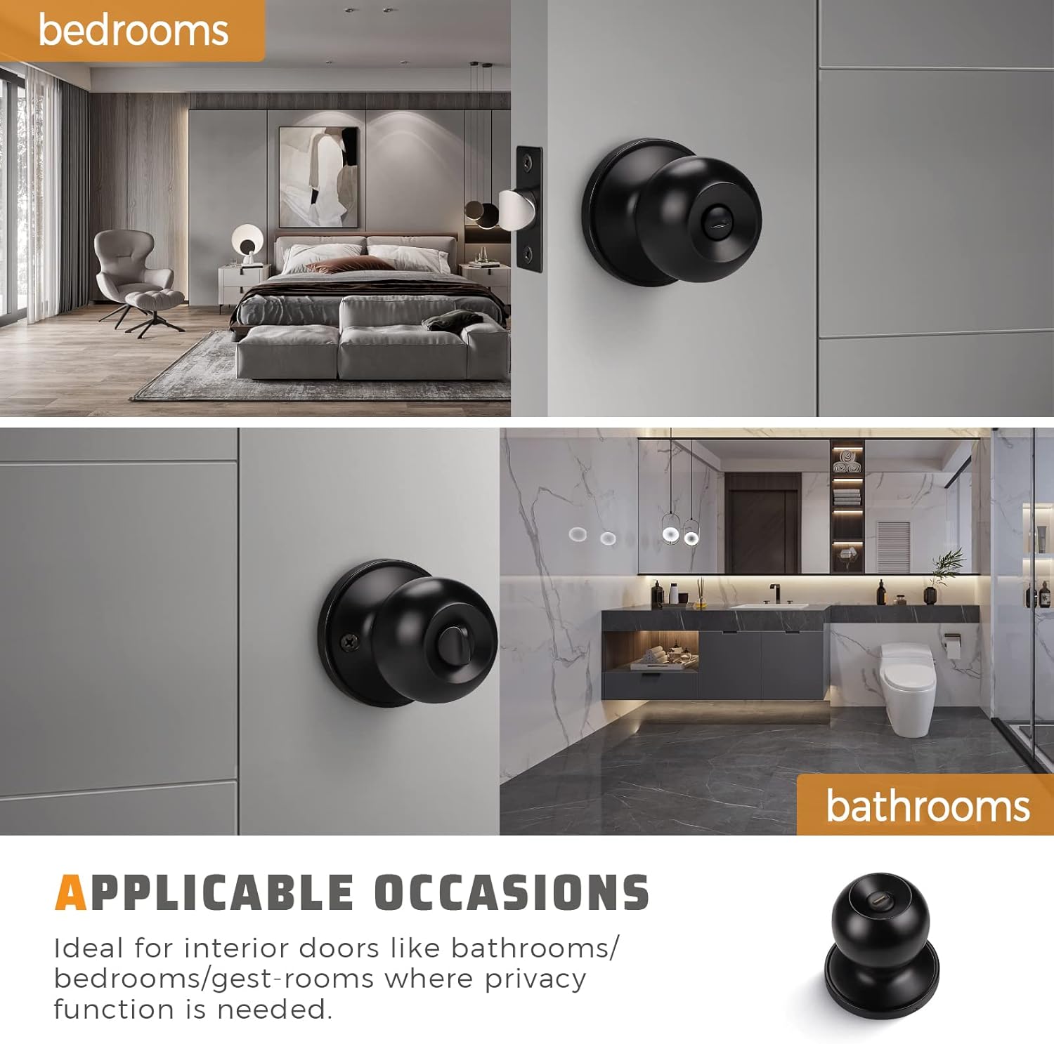 10 Pack Matte Black Privacy Door Knobs for Bed and Bath, Interior Locking Door Knob Set by KNOBWELL