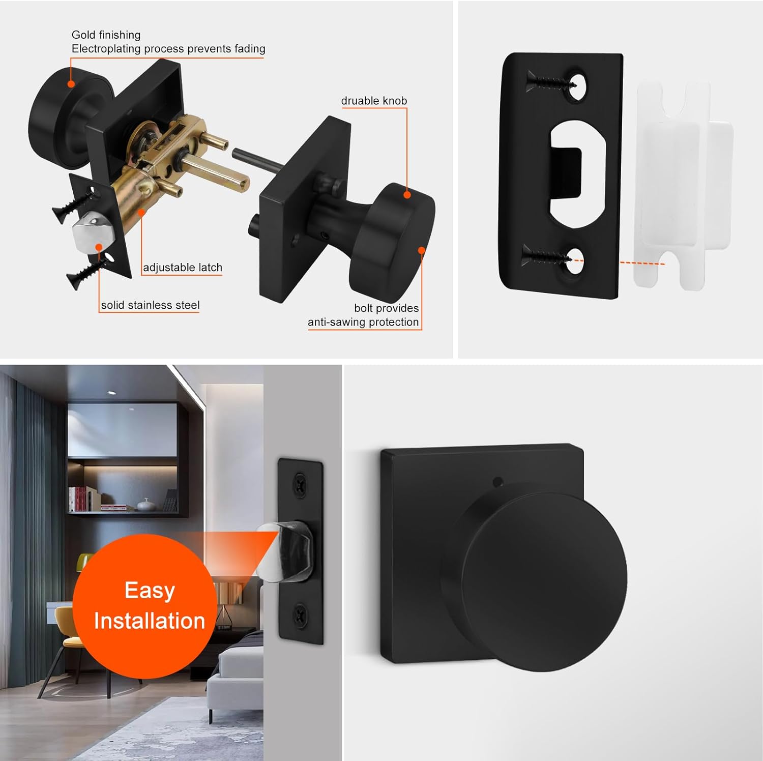 10 Pack Matte Black Square Interior Door Knobs for Bedroom and Bathroom - Heavy Duty Zinc Alloy Privacy Doorknobs by Haidms