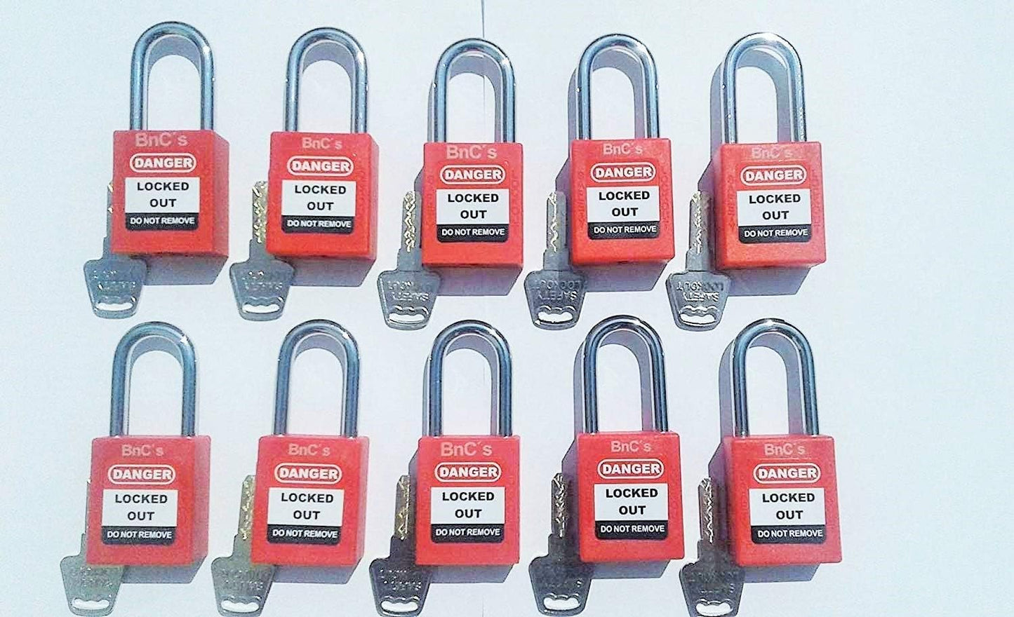 10 Pack of BnC Red Safety Lockout Tagout Padlocks with 1 1/2 inch Shackle and Keyed Different