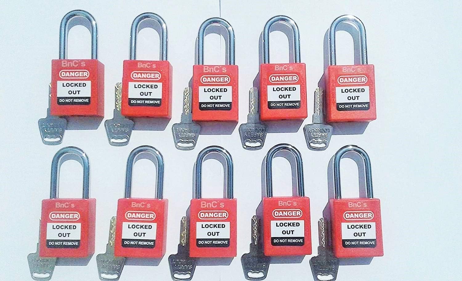 10 Pack of BnC Red Safety Lockout Tagout Padlocks with 1 1/2 inch Shackle and Keyed Different