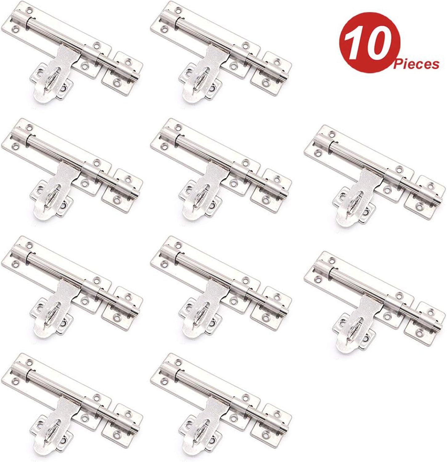 10 Pack of NUZAMAS 6" Stainless Steel Door Latches with Slide Bolt Lock for Bathroom, Window, Furniture, Pet Gate